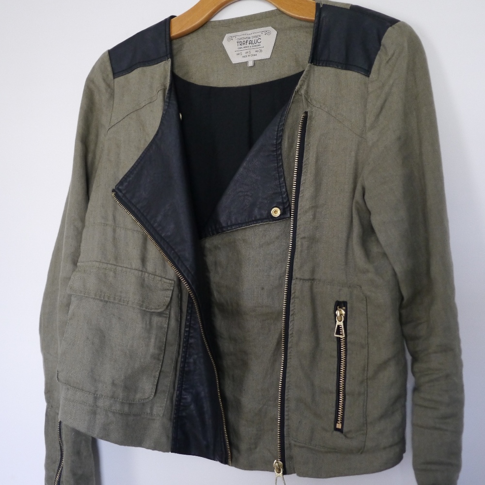 Zara Trafaluc Moto Green Linen Faux Leather Jacket